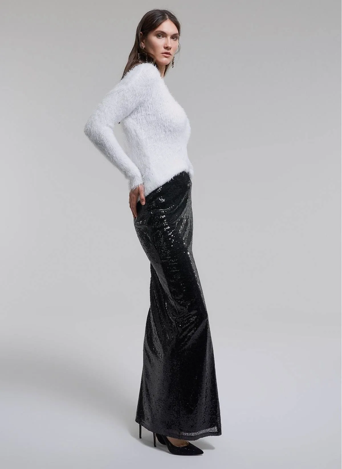 1063 Black Slit Sequin Evening Skirt