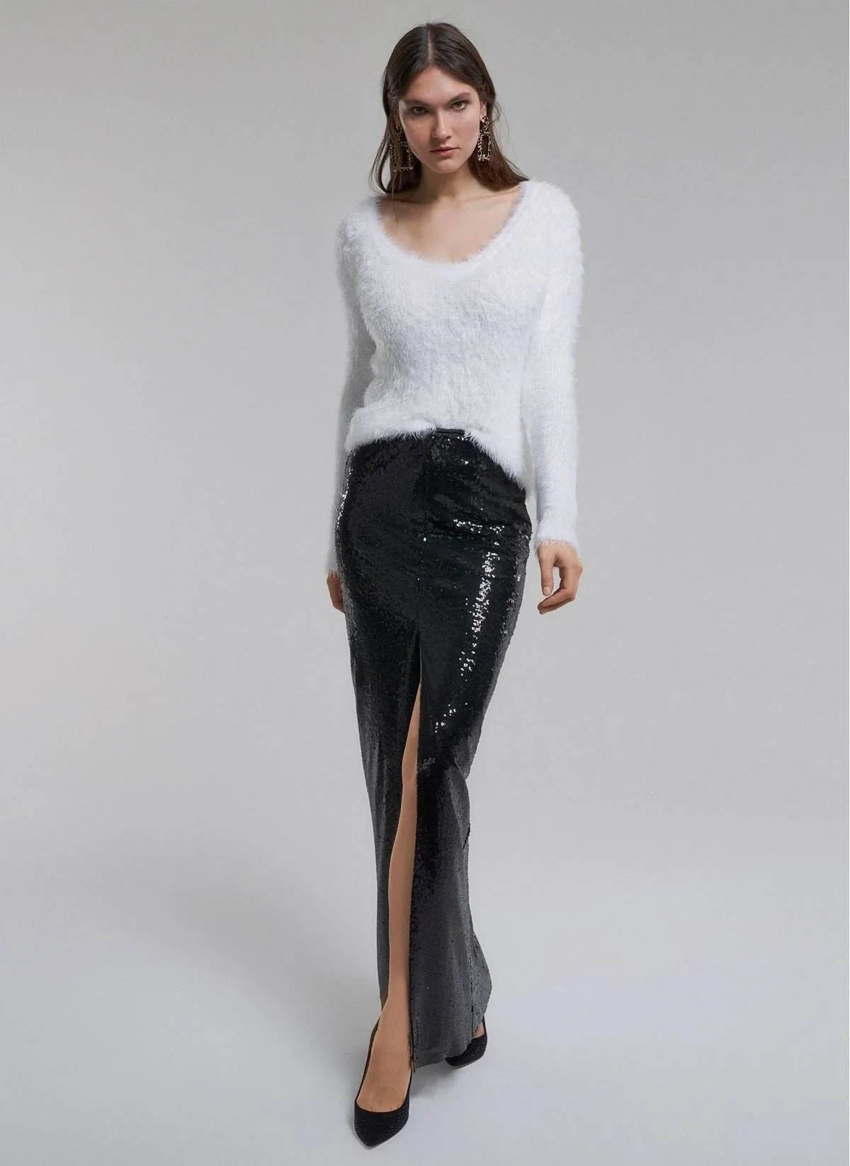 1063 Black Slit Sequin Evening Skirt