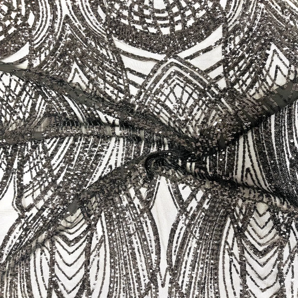 Black Selena Wave Stretch Sequins Lace Fabric