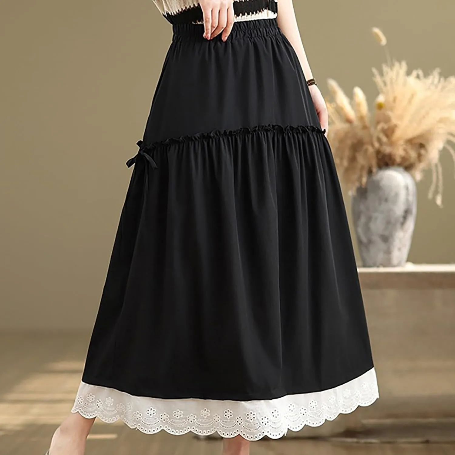 Borniu Women's Summer Casual Boho Versatile Maxi Skirt A-Line Flowy Ruffle Tiered Elastic High Waist Beach Long Skirts
