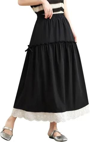 Borniu Women's Summer Casual Boho Versatile Maxi Skirt A-Line Flowy Ruffle Tiered Elastic High Waist Beach Long Skirts