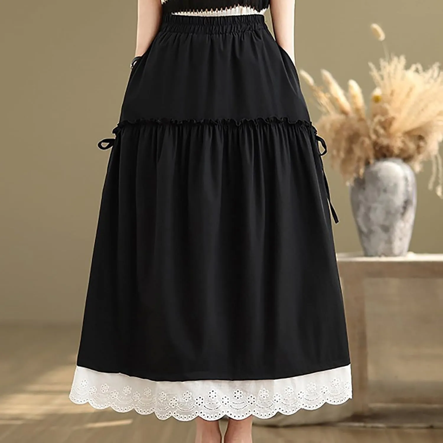 Borniu Women's Summer Casual Boho Versatile Maxi Skirt A-Line Flowy Ruffle Tiered Elastic High Waist Beach Long Skirts