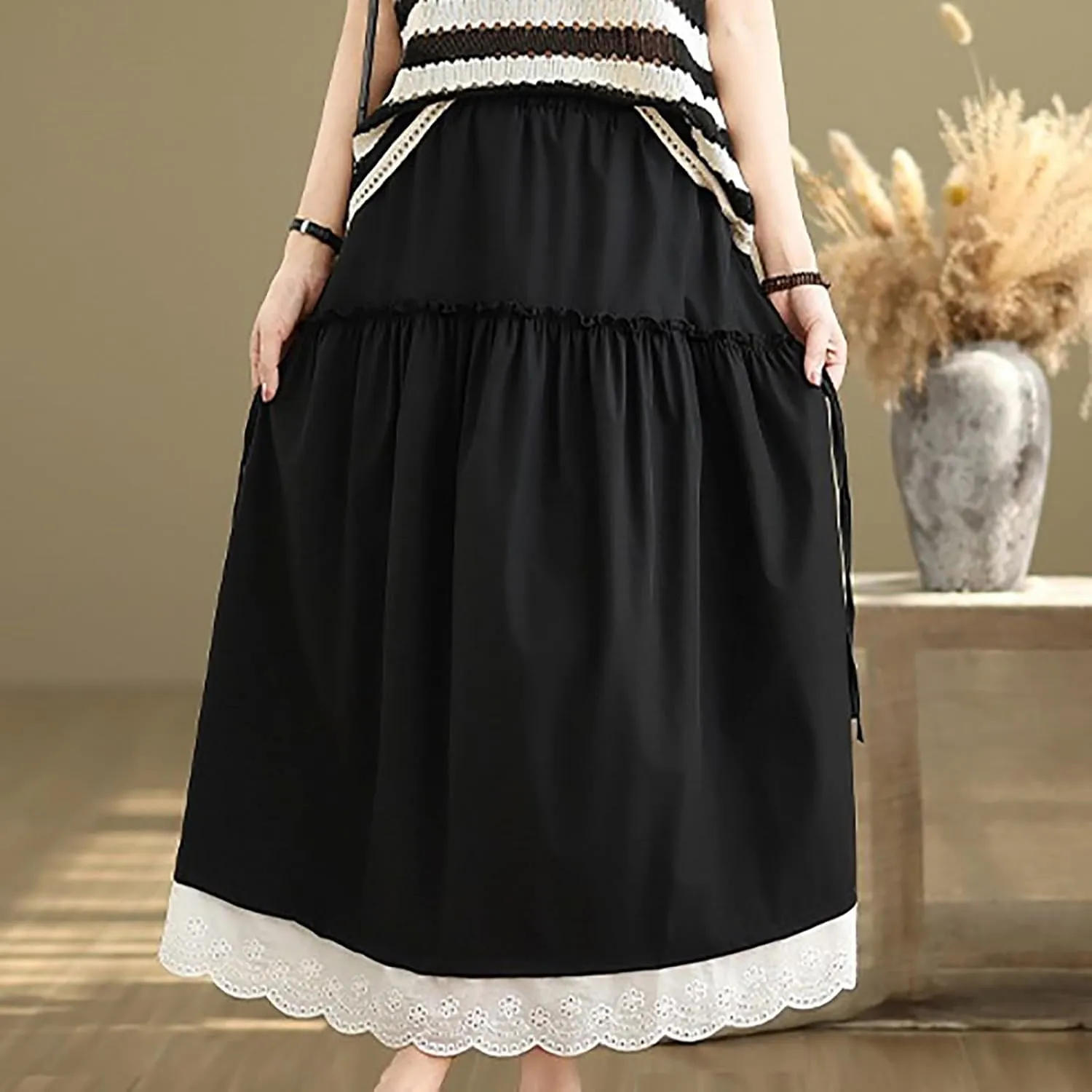 Borniu Women's Summer Casual Boho Versatile Maxi Skirt A-Line Flowy Ruffle Tiered Elastic High Waist Beach Long Skirts
