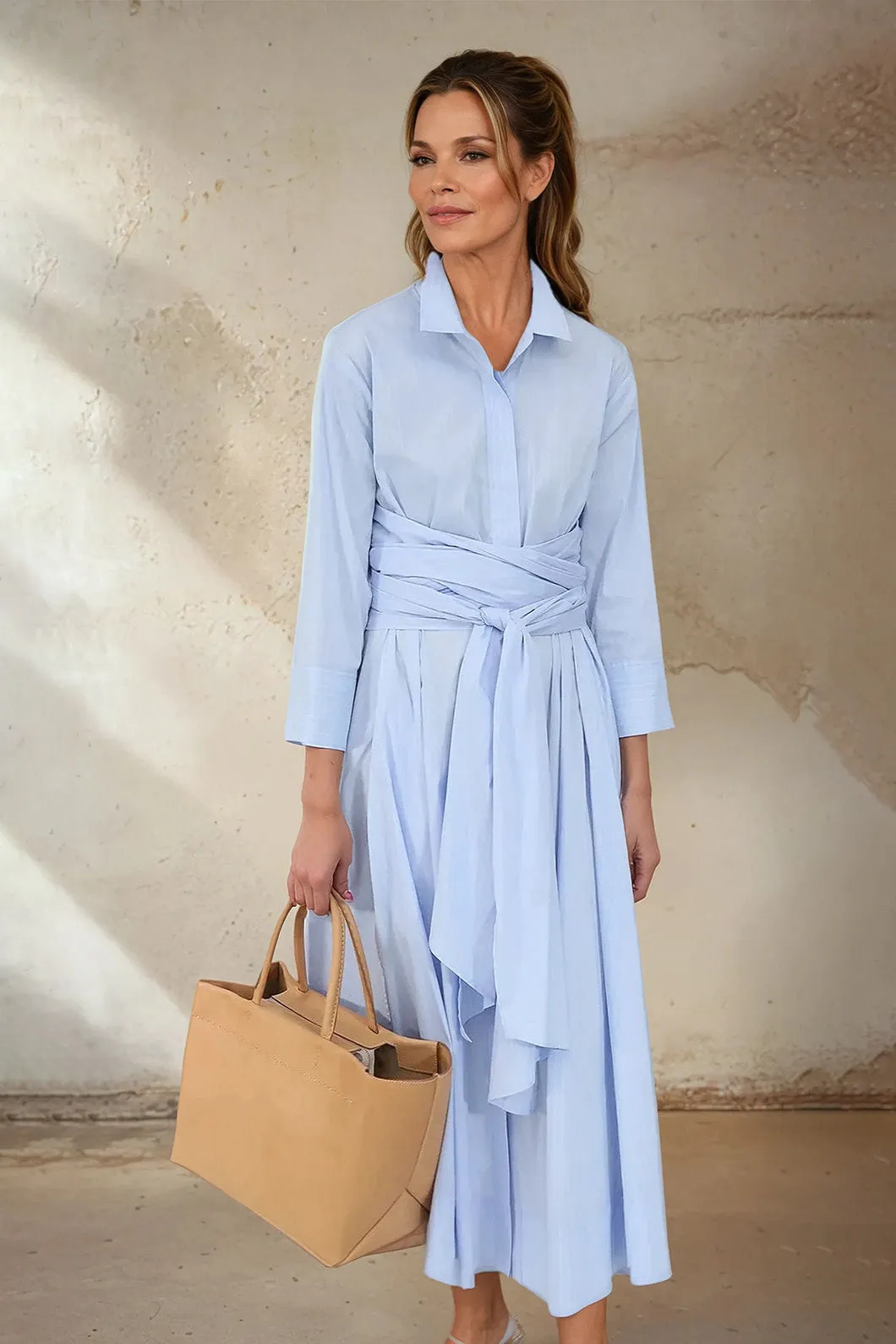 DUSK DRESS IN FINE ITALIAN COTTON STRETCH LIGHT BLUE PINSTRIPE