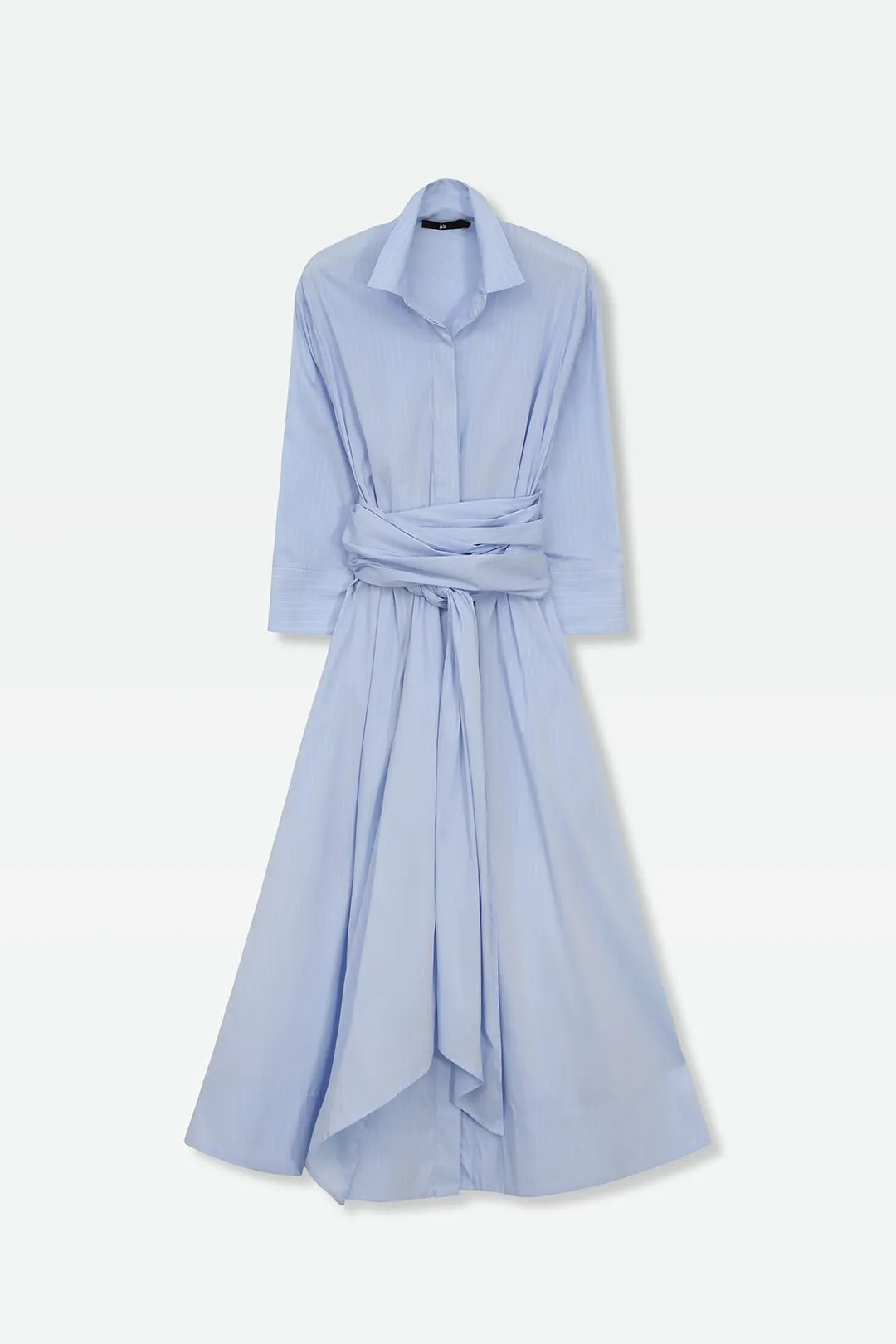 DUSK DRESS IN FINE ITALIAN COTTON STRETCH LIGHT BLUE PINSTRIPE