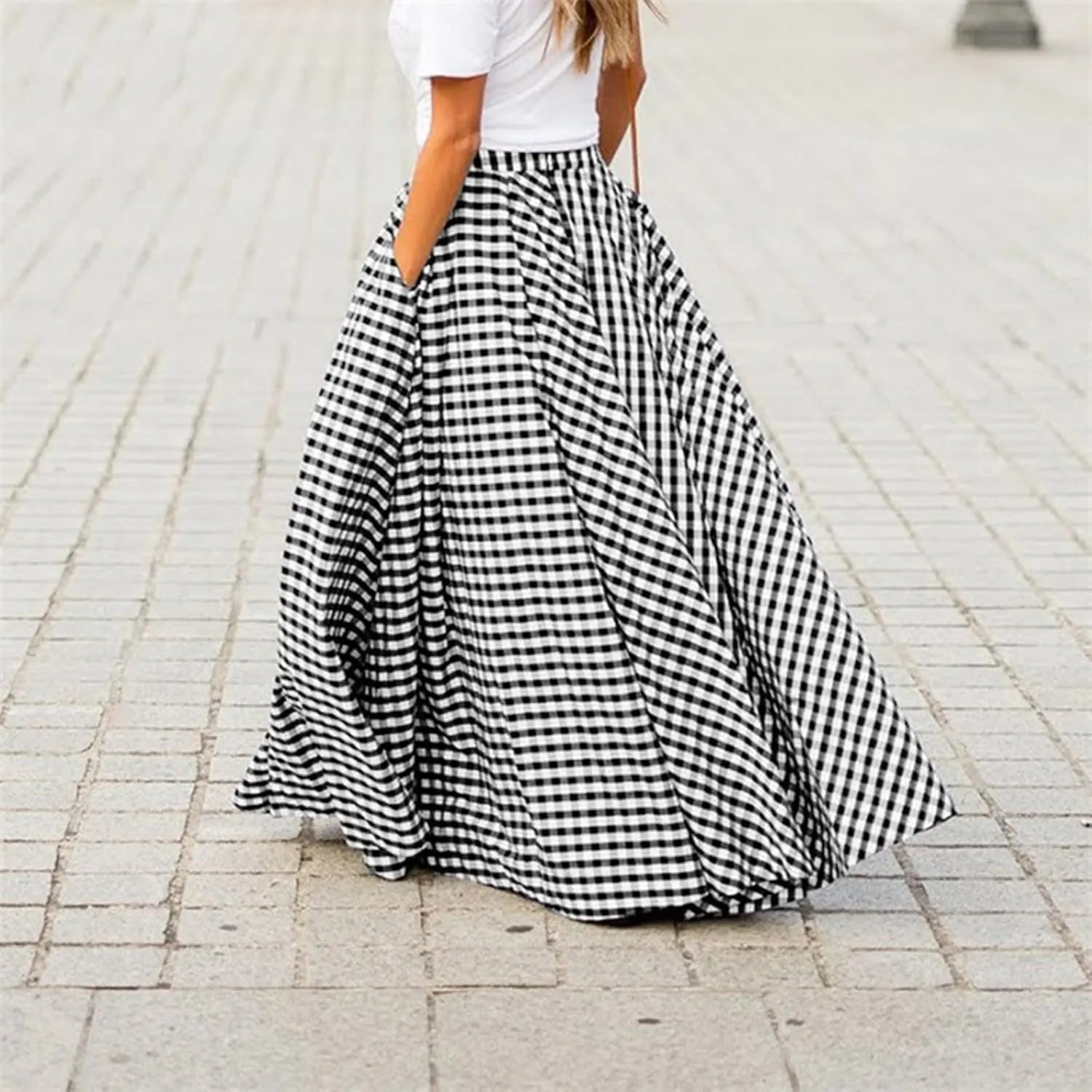 Generic Ladies Plaid High Cut Maxi Long Loose Fit Skirt for Women Chiffon 2024