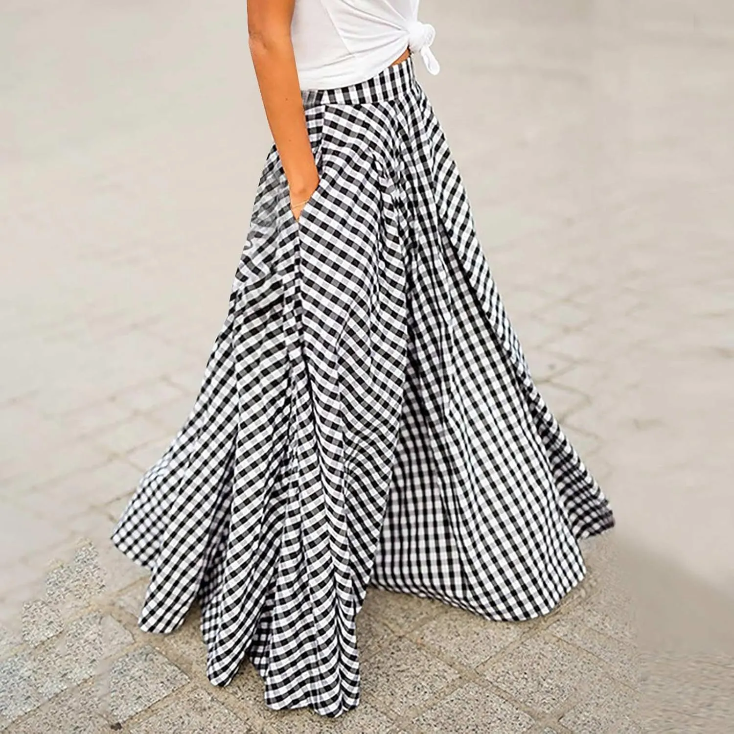 Generic Ladies Plaid High Cut Maxi Long Loose Fit Skirt for Women Chiffon 2024