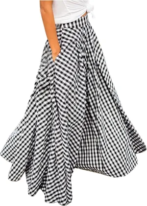 Generic Ladies Plaid High Cut Maxi Long Loose Fit Skirt for Women Chiffon 2024