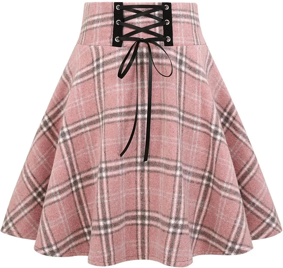 IDEALSANXUN Wool Plaid Mini Gothic Skirts for Womens High Waist Lace Up Short Pleated Skater Skirts
