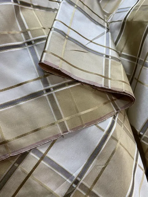 NEW Lady Beatrice 100% Silk Taffeta Plaid Tartan Satin Ribbon Striped Fabric in Gold and Cream