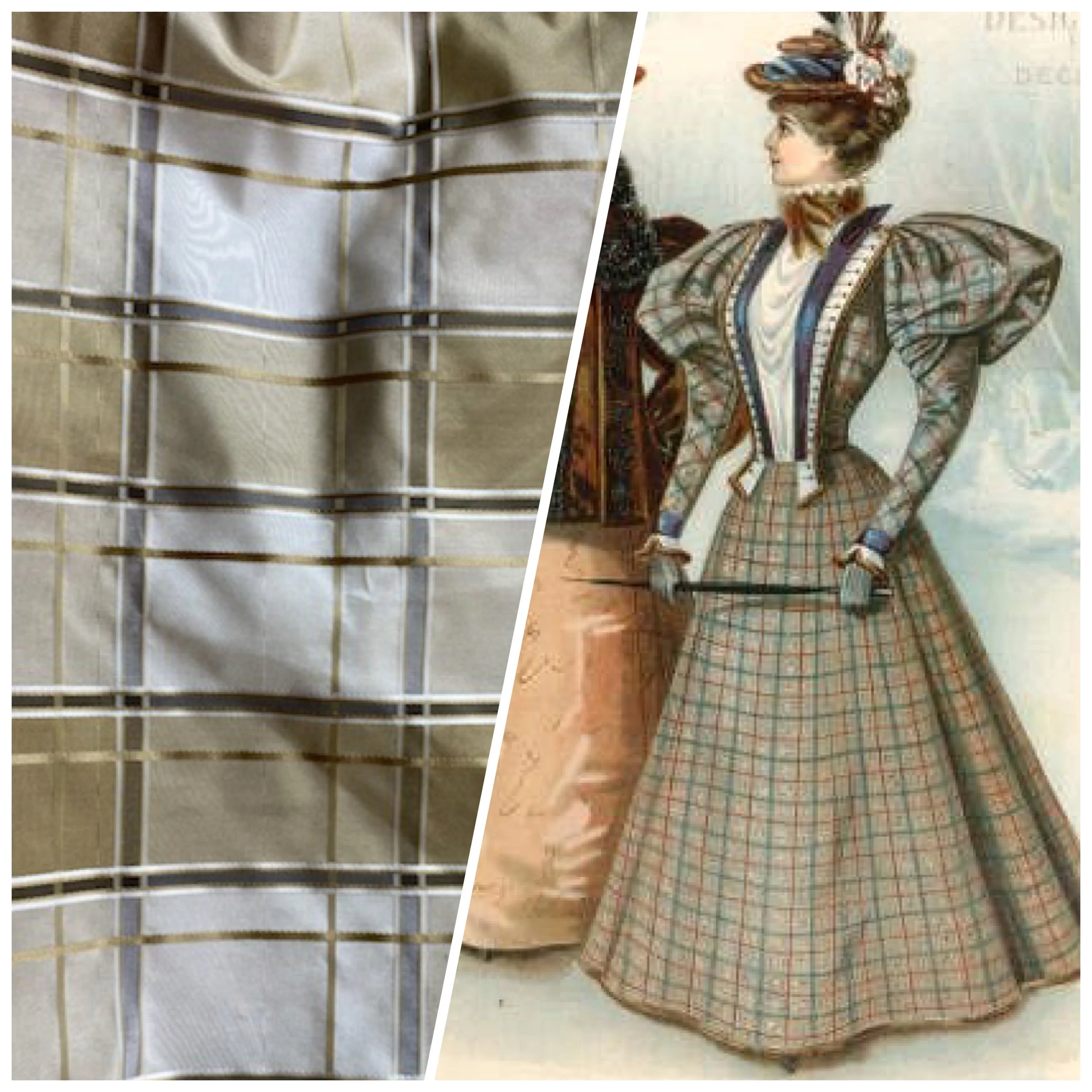NEW Lady Beatrice 100% Silk Taffeta Plaid Tartan Satin Ribbon Striped Fabric in Gold and Cream
