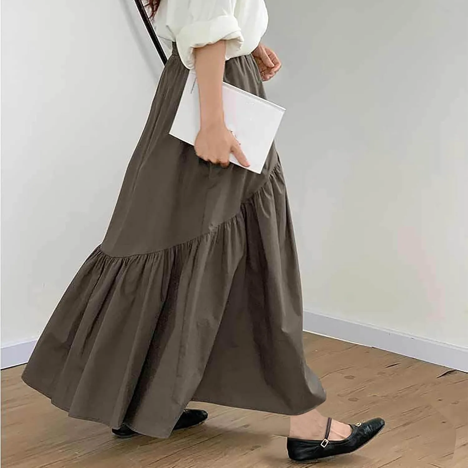 Oplxuo Long Skirts for Women Casual Pleated Maxi Skirts Elastic High Waist Ruched Skirts Solid Comfy Fall Loose Flowy Skirt