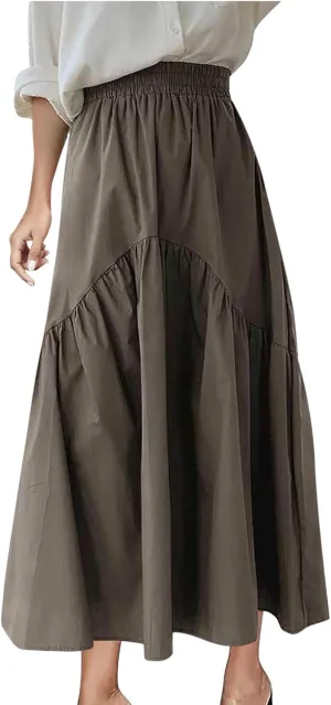 Oplxuo Long Skirts for Women Casual Pleated Maxi Skirts Elastic High Waist Ruched Skirts Solid Comfy Fall Loose Flowy Skirt