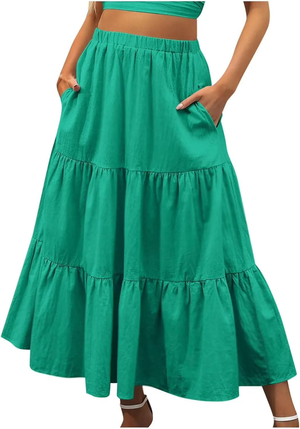 Oplxuo Women's Maxi Skirts Summer 2024 Casual Boho Elastic High Waist Ruffle Flowy Skirt Tiered Long Beach Skirt with Pockets