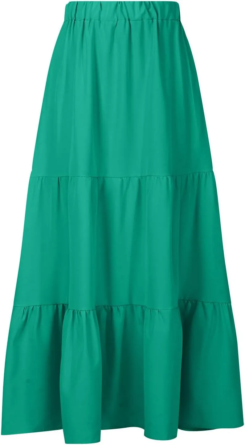 Oplxuo Women's Maxi Skirts Summer 2024 Casual Boho Elastic High Waist Ruffle Flowy Skirt Tiered Long Beach Skirt with Pockets