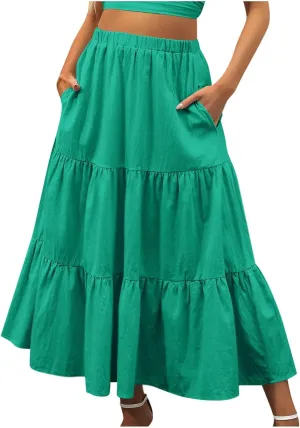 Oplxuo Women's Maxi Skirts Summer 2024 Casual Boho Elastic High Waist Ruffle Flowy Skirt Tiered Long Beach Skirt with Pockets