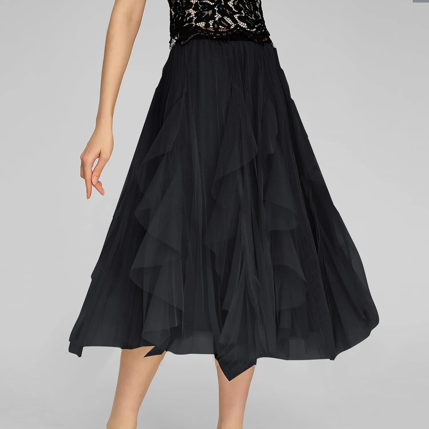 Skirts for Women High Waist Floral Mesh Midi Skirts Fairy Elastic Waist Layered Tulle Skirt Bohemia A-line Skirt