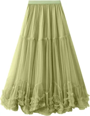 Women Butterfly Embroidery Midi Tulle Skirts High Waist Double Layer Mesh Tutu Skirts Big Swing Party A-line Skirts
