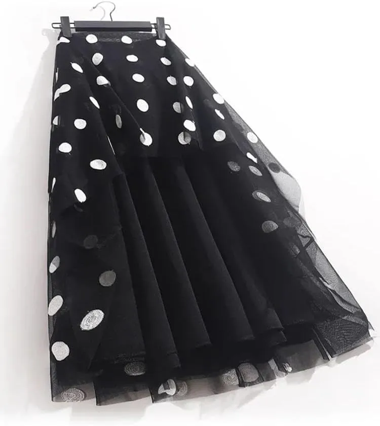 Women Polka Dot Embroidery Midi Skirts High Waist 3 Layer Mesh Pleated Swing A-Line Skirt