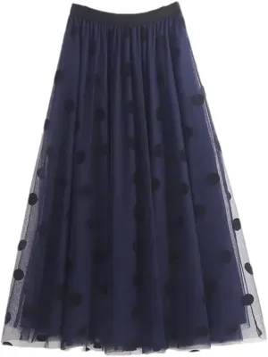 Women Polka Dot Embroidery Midi Skirts High Waist 3 Layer Mesh Pleated Swing A-Line Skirt