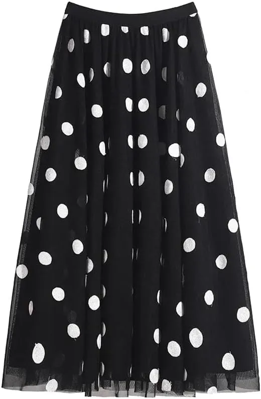 Women Polka Dot Embroidery Midi Skirts High Waist 3 Layer Mesh Pleated Swing A-Line Skirt