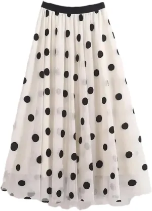 Women Polka Dot Embroidery Midi Skirts High Waist 3 Layer Mesh Pleated Swing A-Line Skirt