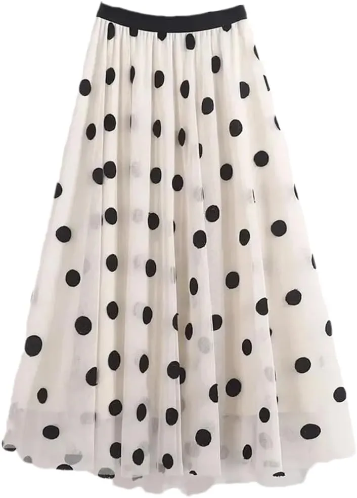 Women Polka Dot Embroidery Midi Skirts High Waist 3 Layer Mesh Pleated Swing A-Line Skirt