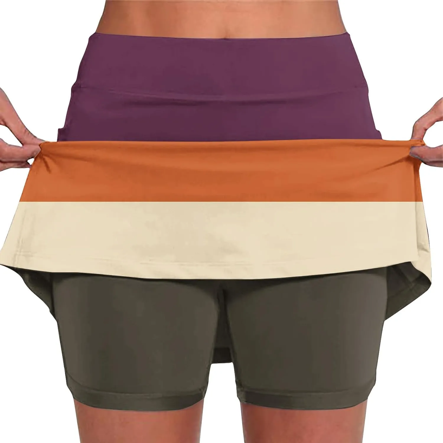 Women's Athletic Skorts Trendy High Waist Color Block Golf Skirt with Built-in Shorts Summer Running Skirts Pants