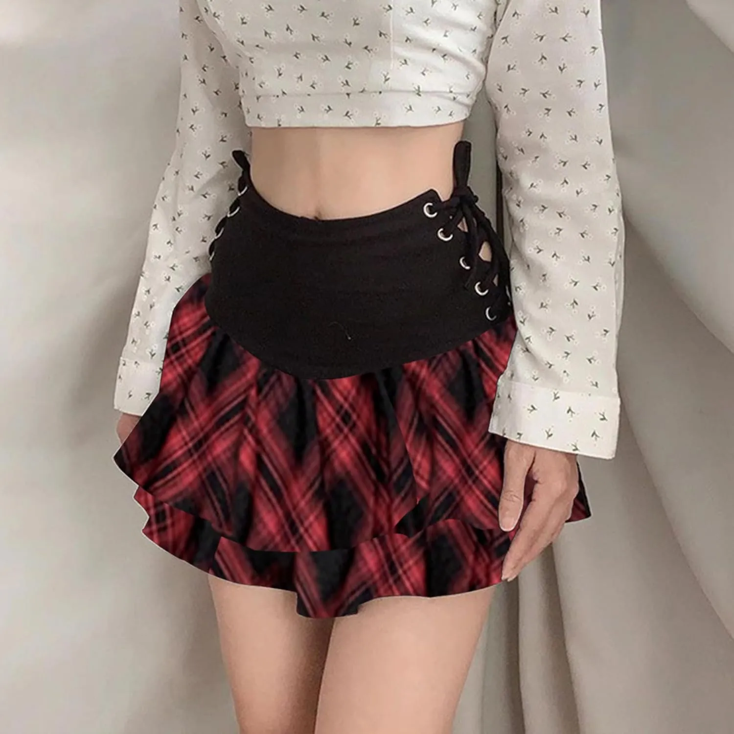 Womens Gothic Skirt Y2k 2000s Girl Mall Goth Punk Skirts High Waist Lace-Up Ruffle Fairy Grunge Mini Skirts