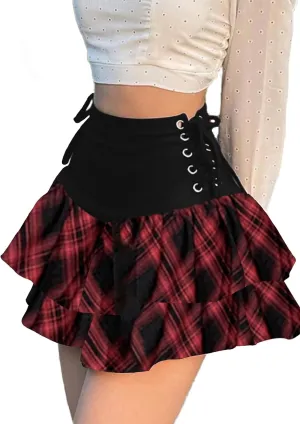 Womens Gothic Skirt Y2k 2000s Girl Mall Goth Punk Skirts High Waist Lace-Up Ruffle Fairy Grunge Mini Skirts