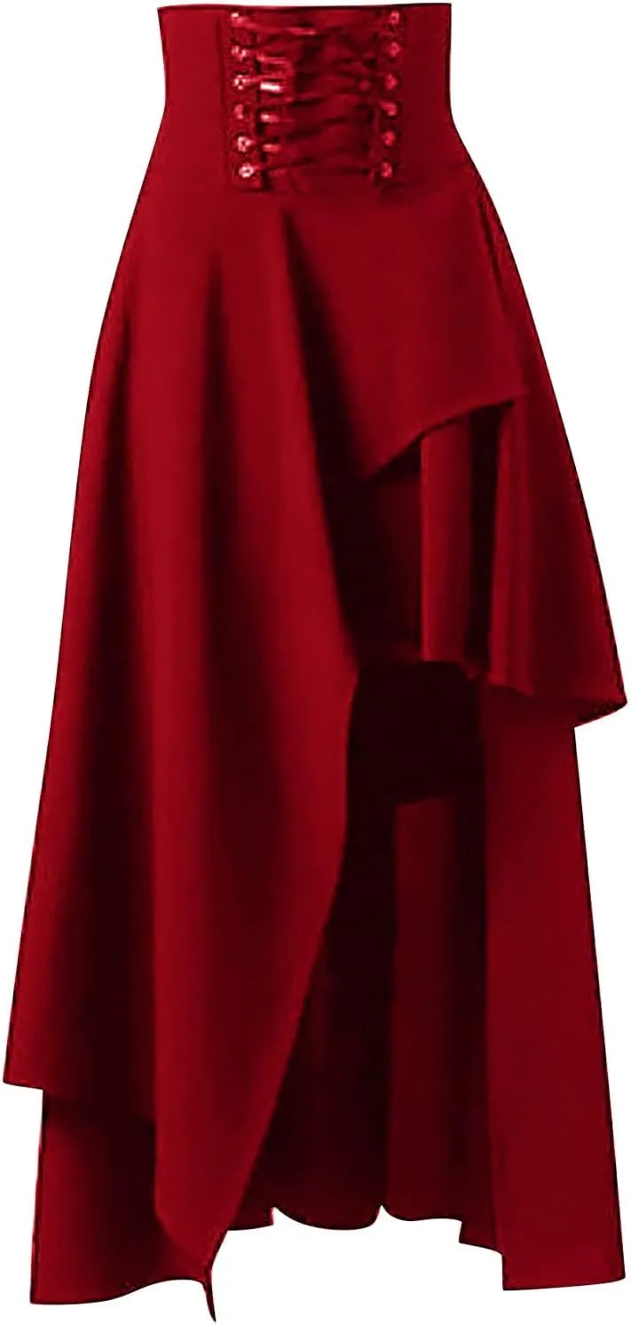 Womens Gothic Vintage Skirts Slim Fit Irregular Hem Midi Skirt Tummy Control Drawstring Knee Length Skirts 2025 Clothes