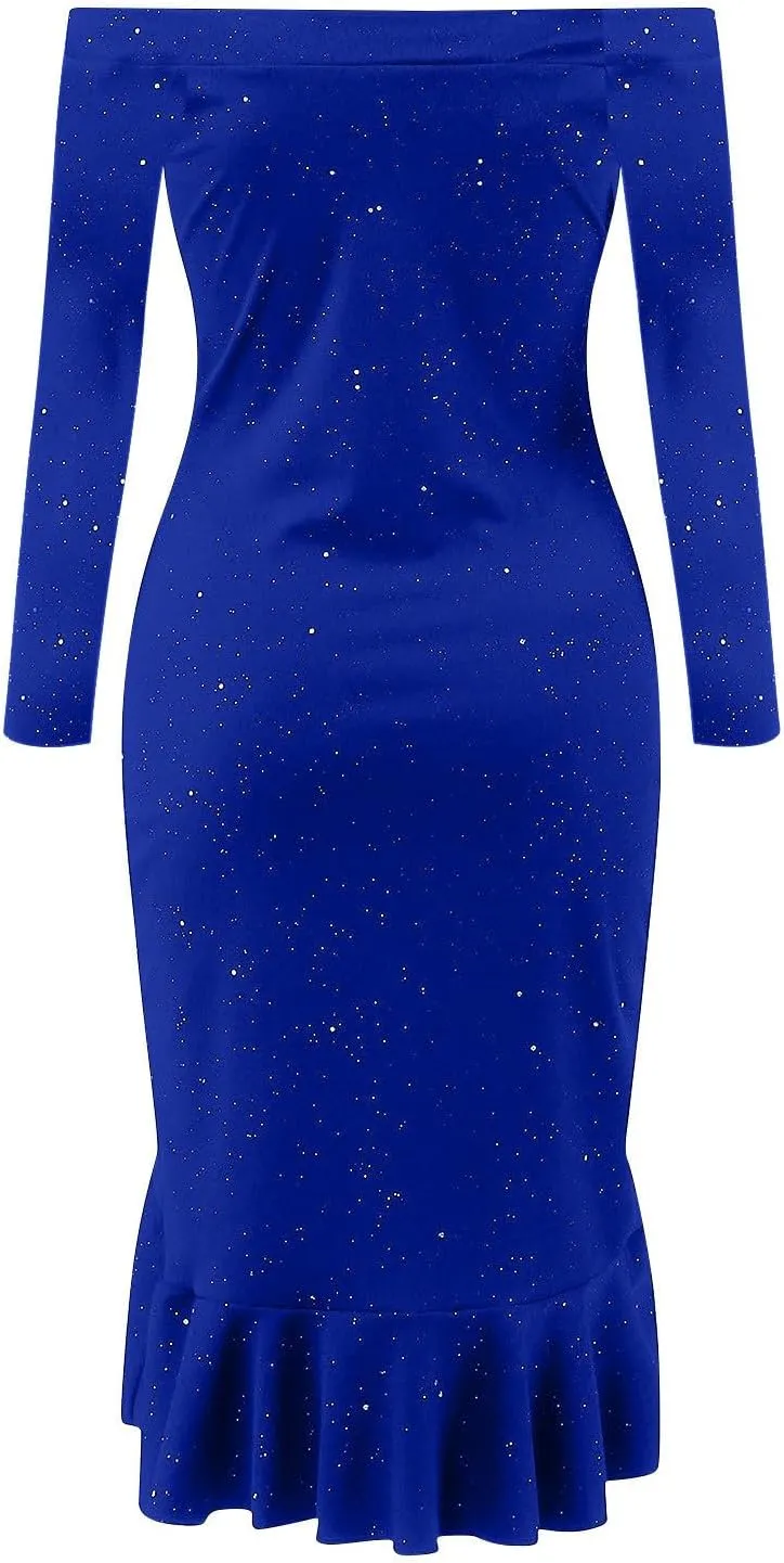 Womens Off Shoulder Sequin Dress Glitter Sparkle Prom Dress Bodycon Long Sleeve Ruffle Hem Split Midi Dress