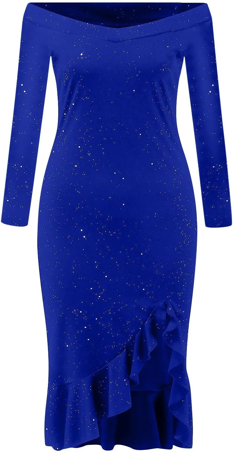 Womens Off Shoulder Sequin Dress Glitter Sparkle Prom Dress Bodycon Long Sleeve Ruffle Hem Split Midi Dress