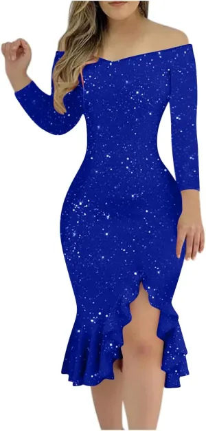 Womens Off Shoulder Sequin Dress Glitter Sparkle Prom Dress Bodycon Long Sleeve Ruffle Hem Split Midi Dress Womens Off Shoulder Sequin Dress Glitter Sparkle Prom Dress Bodycon Long Sleeve Ruffle Hem Split Midi Dress