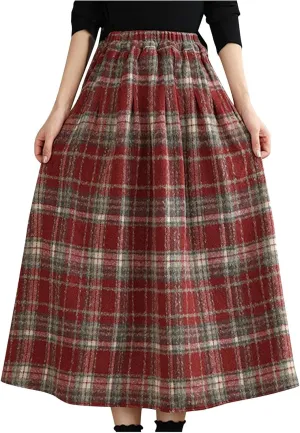 Womens Plaid Wool Skirts Elastic Waist A-Line Pleated Tartan Long Skirt Flared Summer Casual Boho Tartan Skirts
