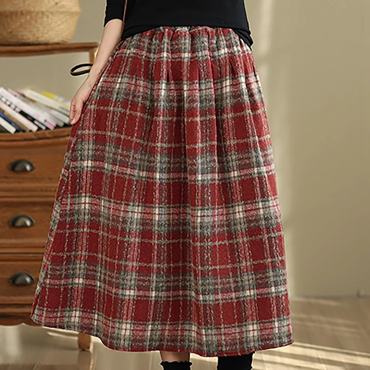 Womens Plaid Wool Skirts Elastic Waist A-Line Pleated Tartan Long Skirt Flared Summer Casual Boho Tartan Skirts