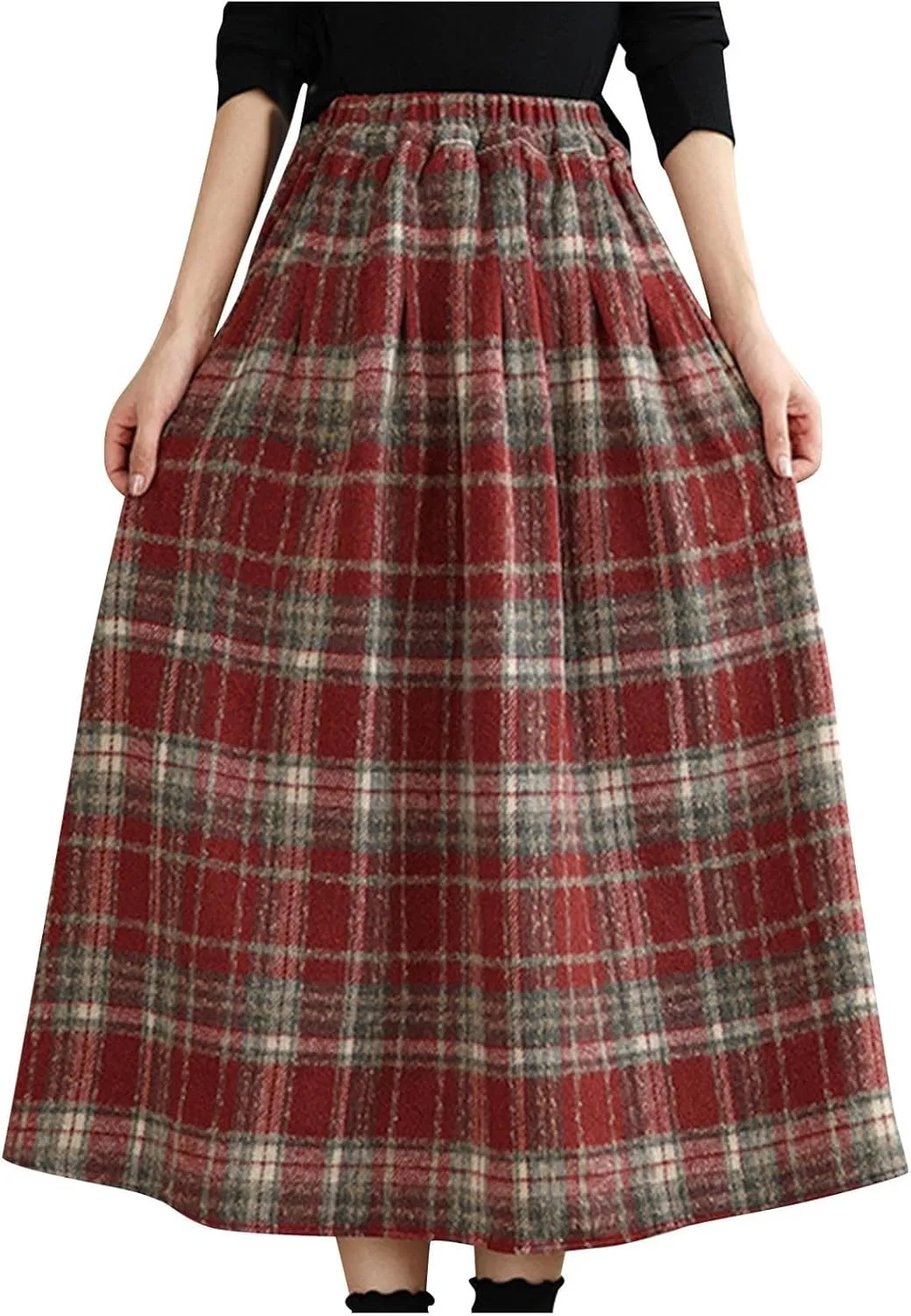 Womens Plaid Wool Skirts Elastic Waist A-Line Pleated Tartan Long Skirt Flared Summer Casual Boho Tartan Skirts