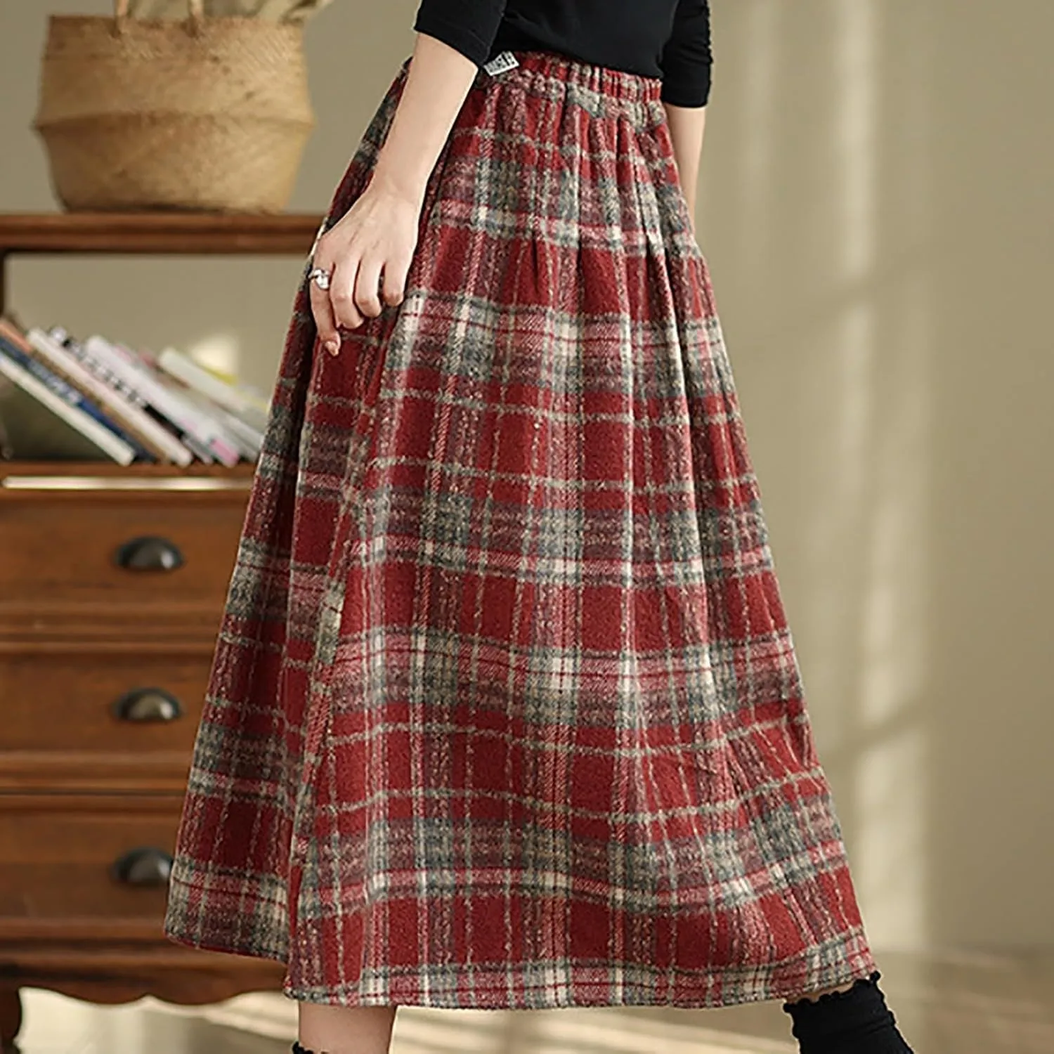 Womens Plaid Wool Skirts Elastic Waist A-Line Pleated Tartan Long Skirt Flared Summer Casual Boho Tartan Skirts