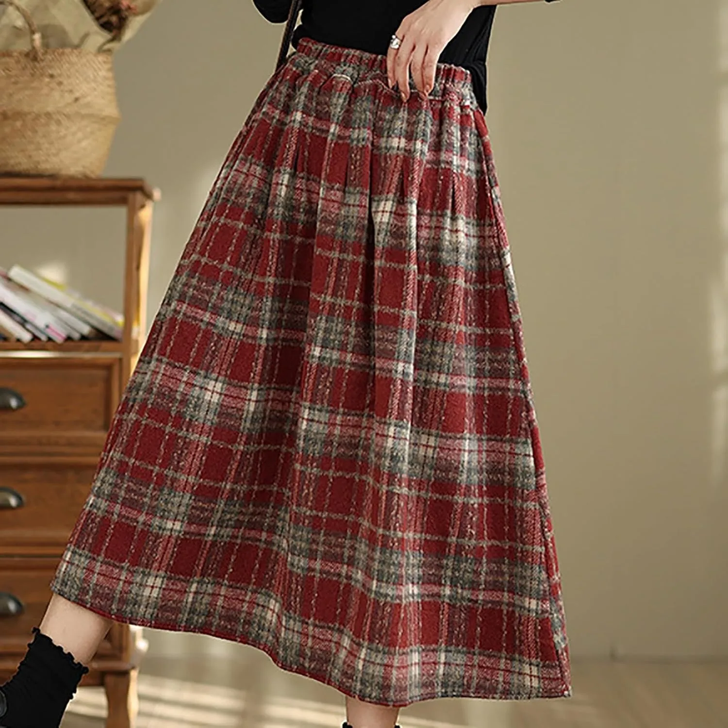 Womens Plaid Wool Skirts Elastic Waist A-Line Pleated Tartan Long Skirt Flared Summer Casual Boho Tartan Skirts