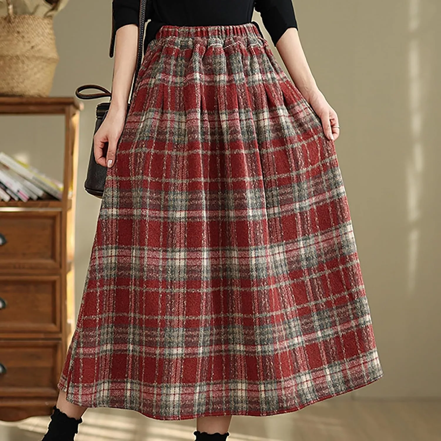 Womens Plaid Wool Skirts Elastic Waist A-Line Pleated Tartan Long Skirt Flared Summer Casual Boho Tartan Skirts