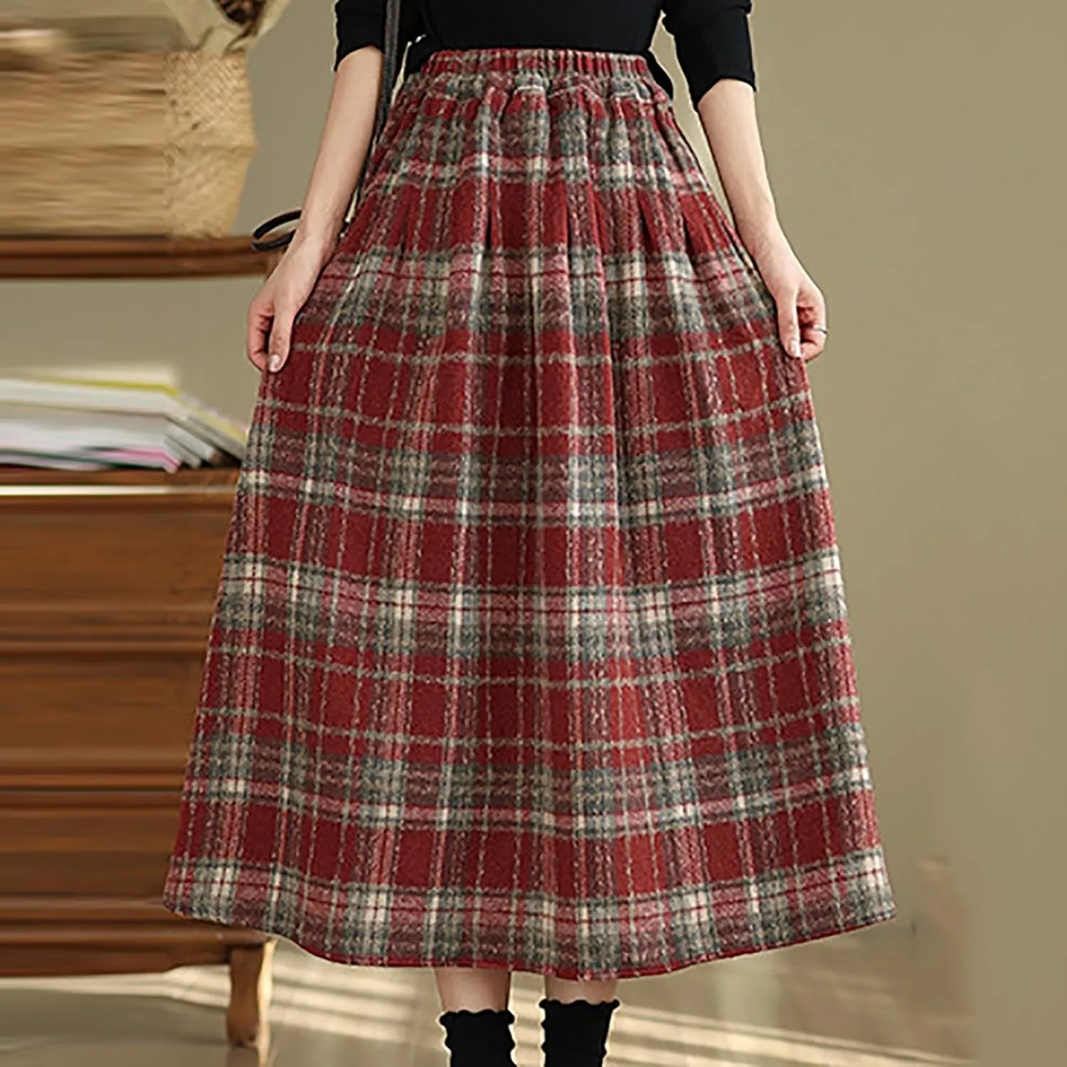 Womens Plaid Wool Skirts Elastic Waist A-Line Pleated Tartan Long Skirt Flared Summer Casual Boho Tartan Skirts