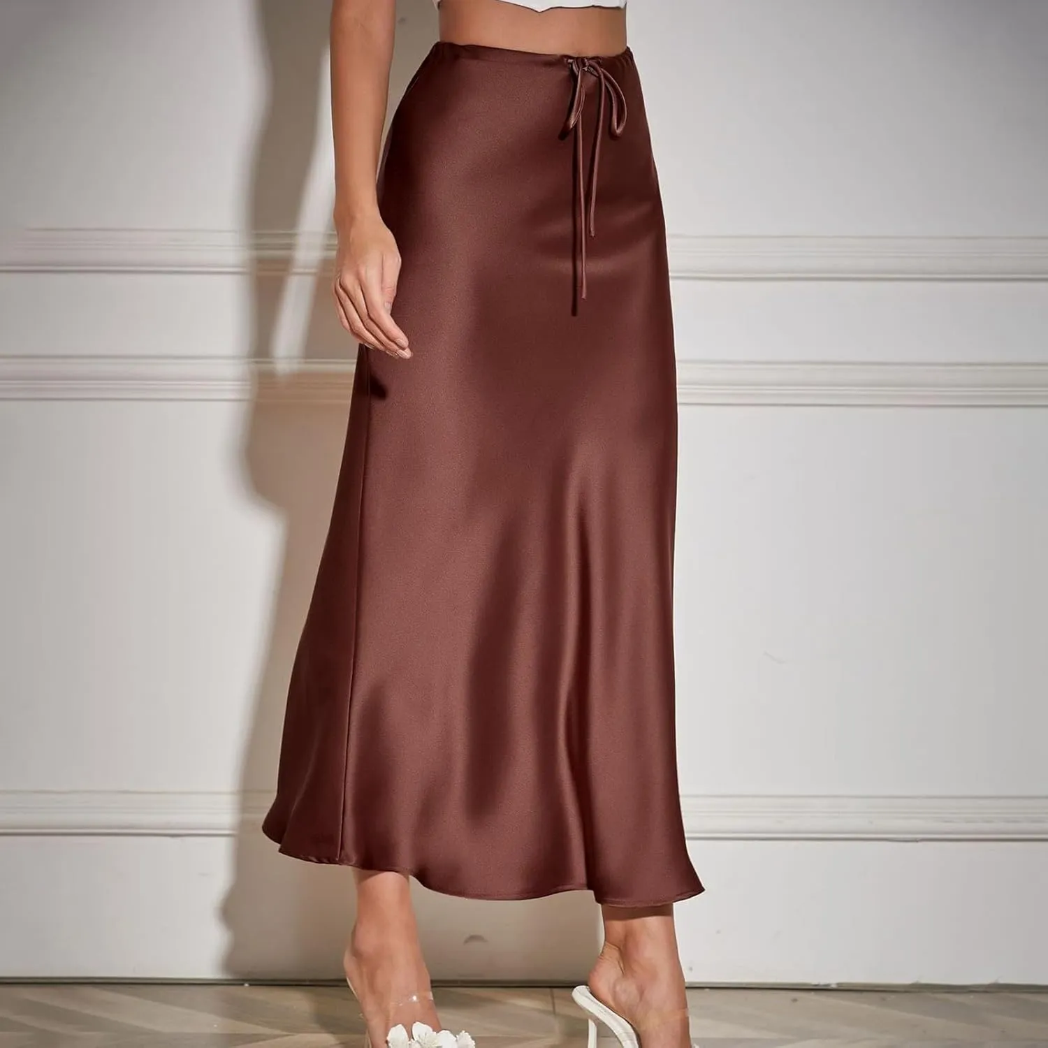 Women's Solid Color Satin Long Dress High Waist Drawstring Dress Fashion Skirts for Women 2024 Trendy