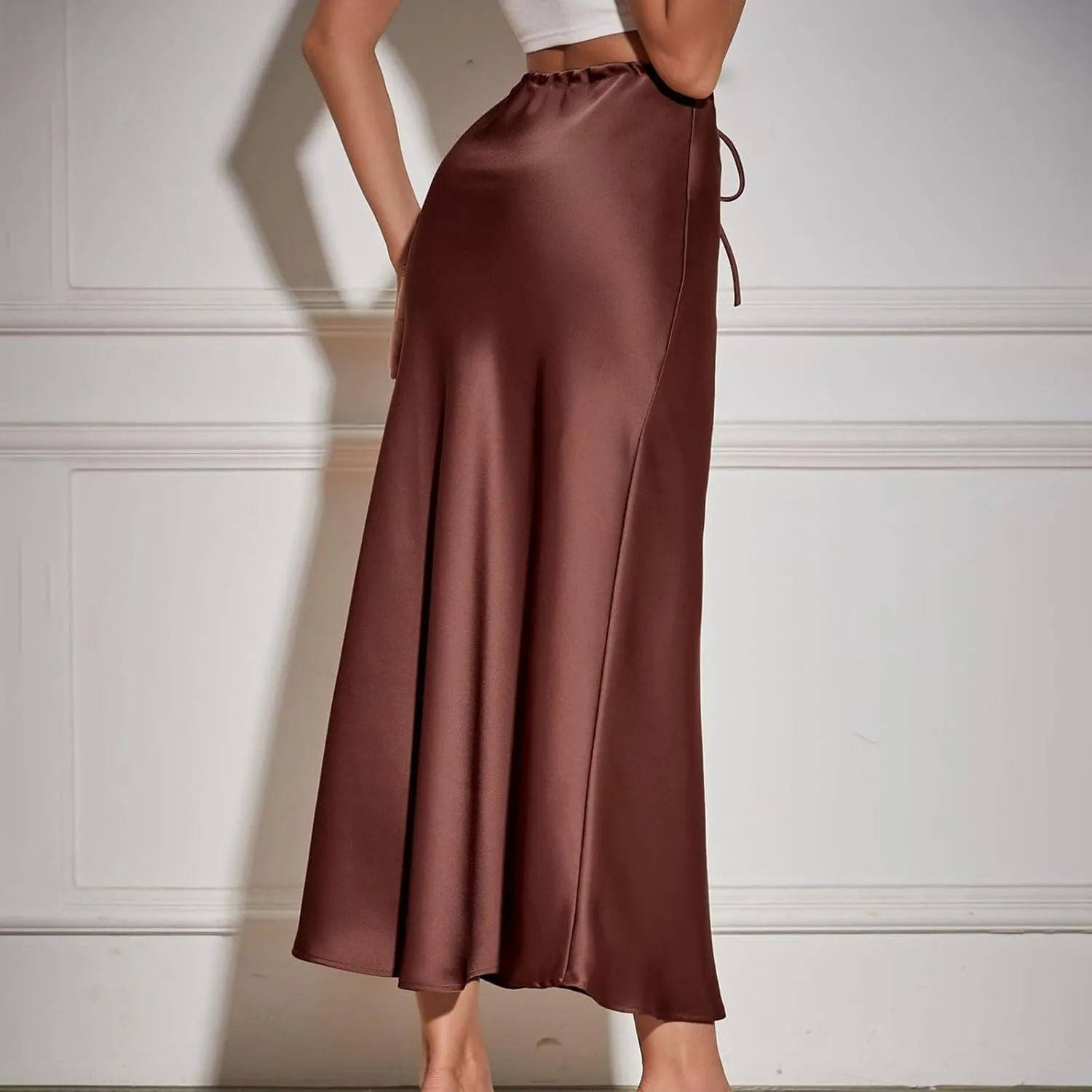 Women's Solid Color Satin Long Dress High Waist Drawstring Dress Fashion Skirts for Women 2024 Trendy