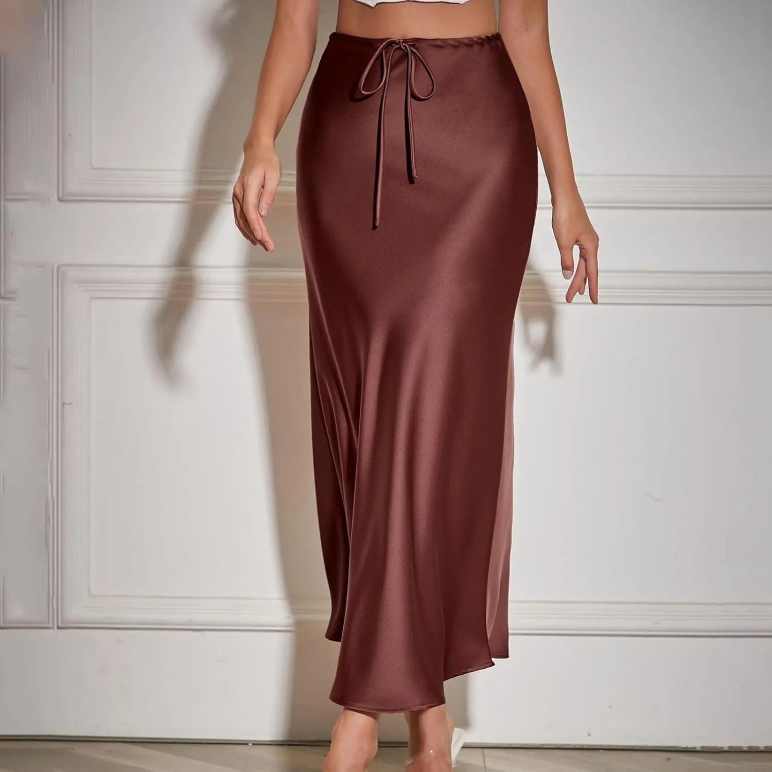 Women's Solid Color Satin Long Dress High Waist Drawstring Dress Fashion Skirts for Women 2024 Trendy