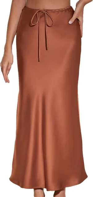 Women's Solid Color Satin Long Dress High Waist Drawstring Dress Fashion Skirts for Women 2024 Trendy