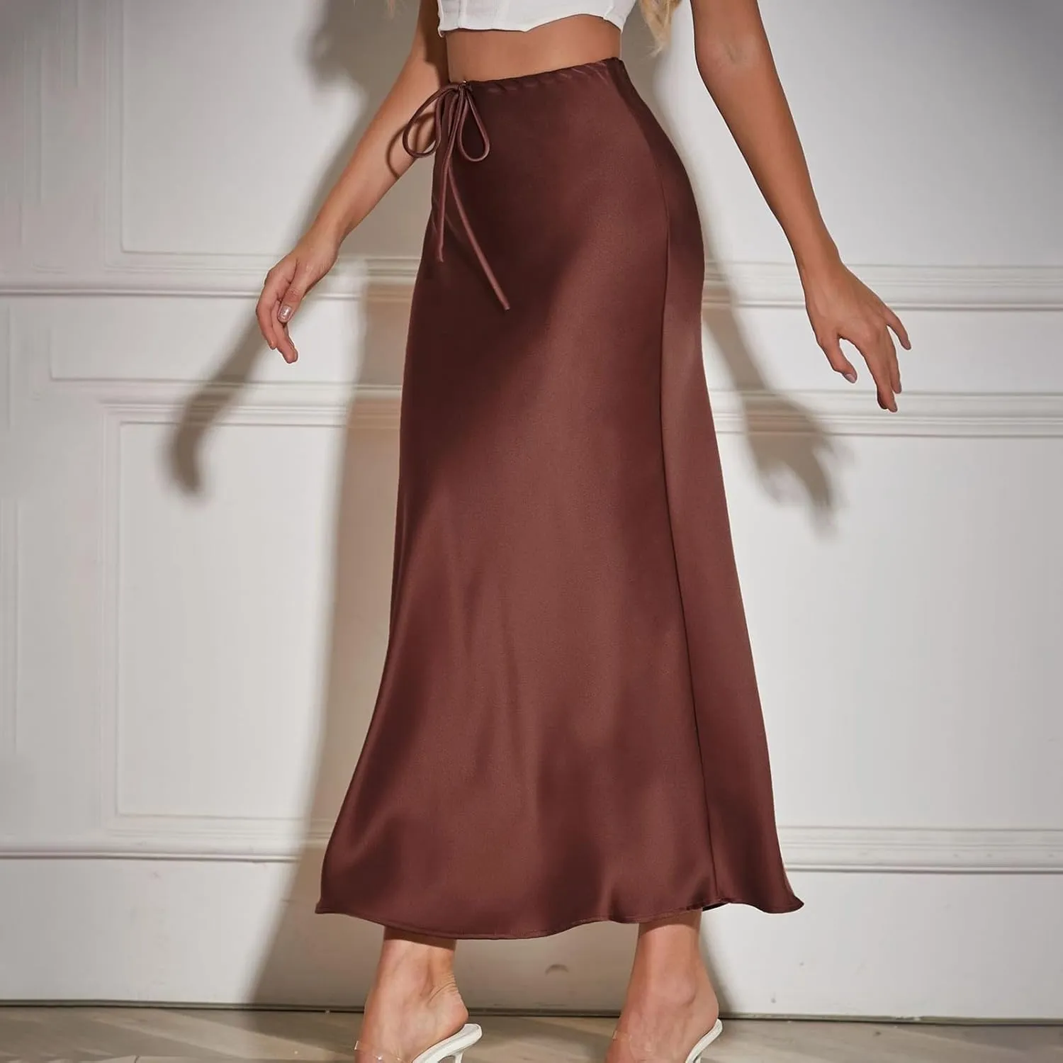 Women's Solid Color Satin Long Dress High Waist Drawstring Dress Fashion Skirts for Women 2024 Trendy