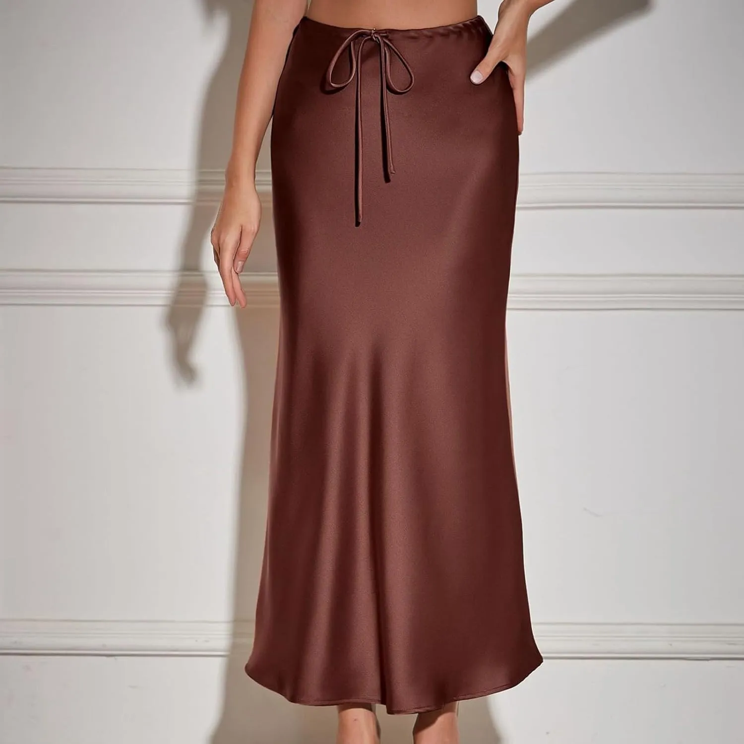 Women's Solid Color Satin Long Dress High Waist Drawstring Dress Fashion Skirts for Women 2024 Trendy