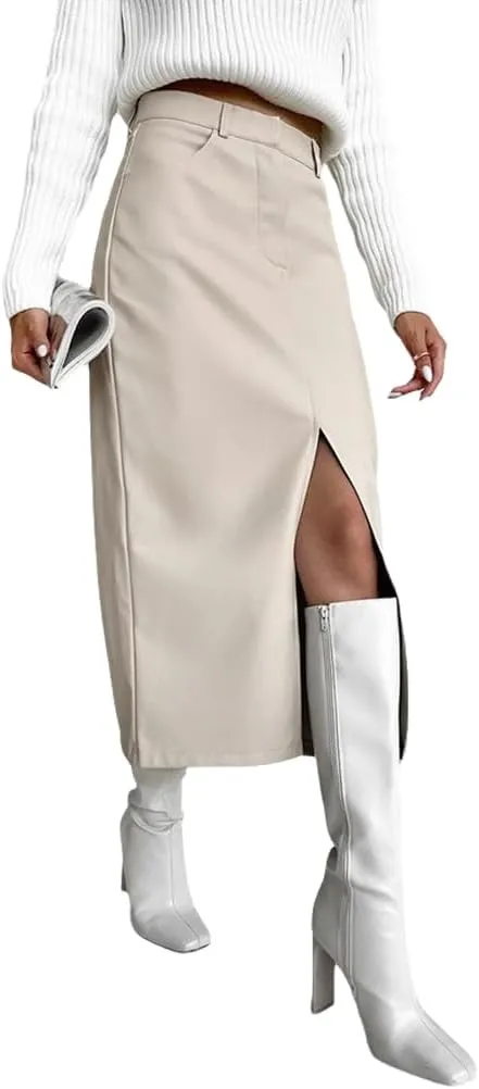 Wuitrie Leather Skirt Women 2025 Trendy PU Leather Long Skirt High Waist Zip Slim Split Pencil Midi Skirts