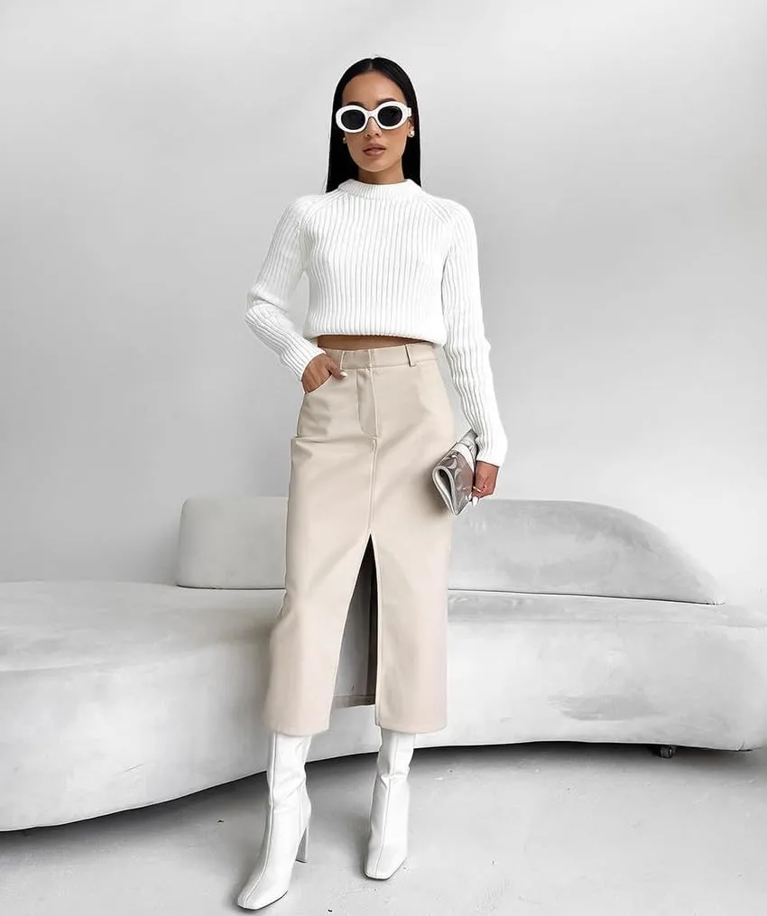 Wuitrie Leather Skirt Women 2025 Trendy PU Leather Long Skirt High Waist Zip Slim Split Pencil Midi Skirts