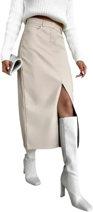 Wuitrie Leather Skirt Women 2025 Trendy PU Leather Long Skirt High Waist Zip Slim Split Pencil Midi Skirts